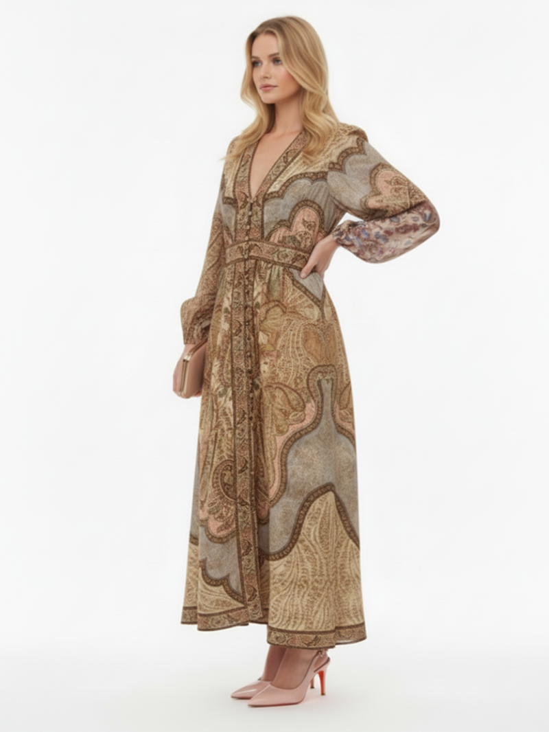 Платье макси льняное коричневый принт SS26 ZIMMERMANN 5753DRS262