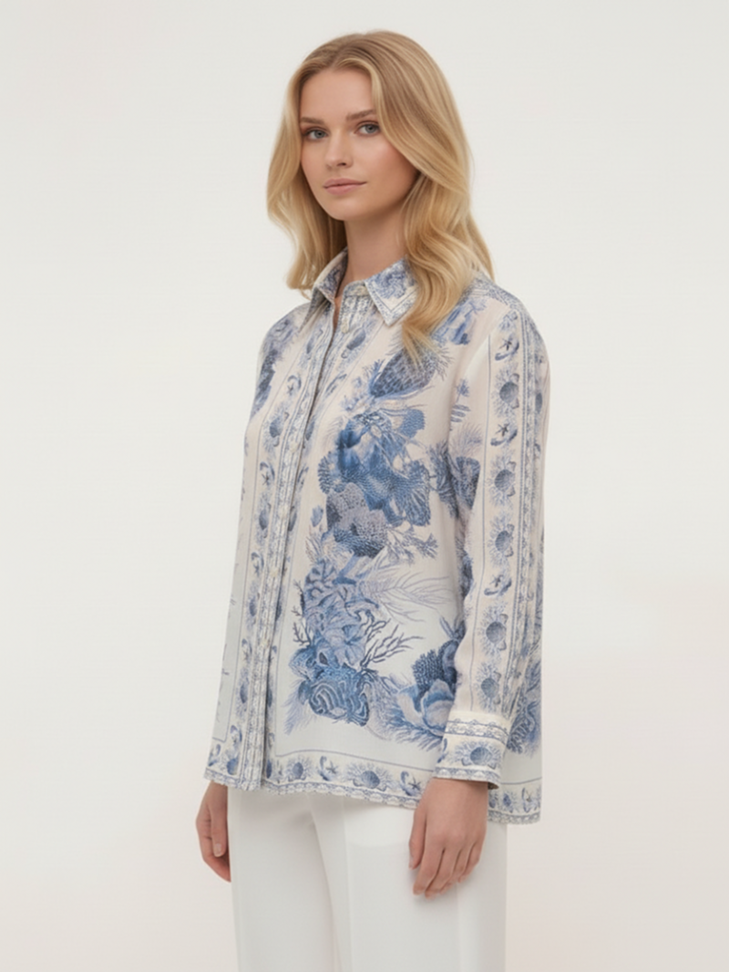 Рубашка белая с голубым принтом SS26 ZIMMERMANN 5853TRS262