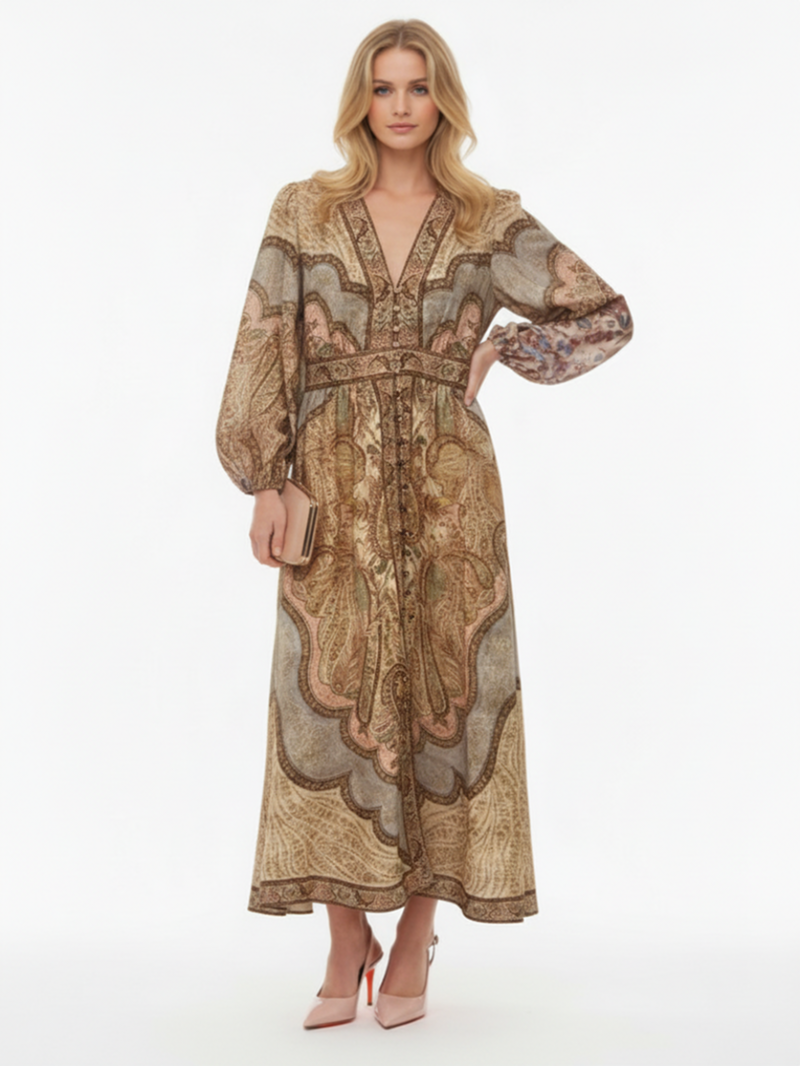 Платье макси льняное коричневый принт SS26 ZIMMERMANN 5753DRS262