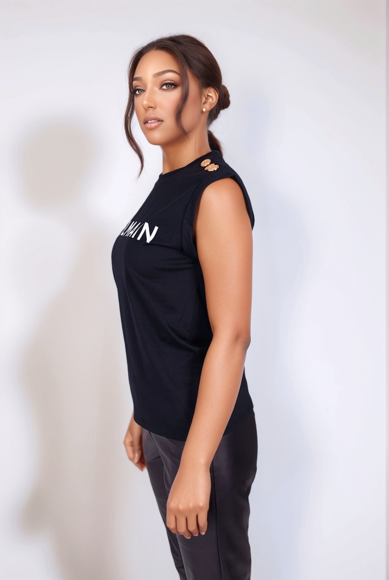 Хлопковая футболка без рукавов черная SS23 Balmain AF1ED000 BB02 EAB