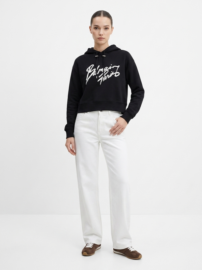Хлопковое худи черное с большим лого SS26 Balmain GF1JR030 BD41