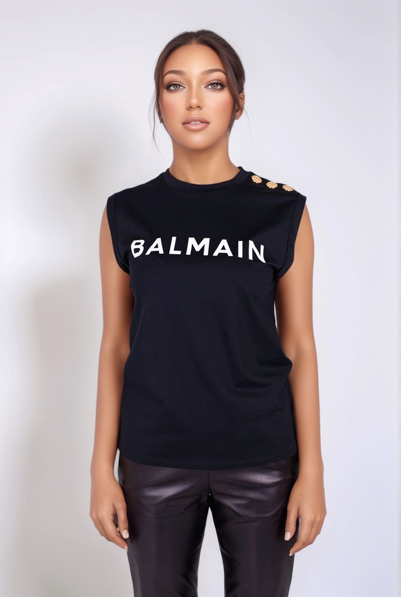 Хлопковая футболка без рукавов черная SS23 Balmain AF1ED000 BB02 EAB