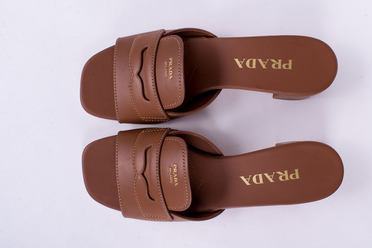 Кожаные мюли на каблуке кэмел SS26 PRADA 1XX781/F035/248