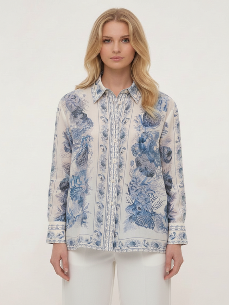 Рубашка белая с голубым принтом SS26 ZIMMERMANN 5853TRS262