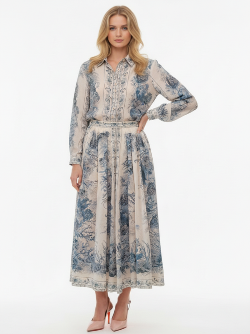 Юбка макси белая с голубым принтом SS26 ZIMMERMANN 5851SRS262