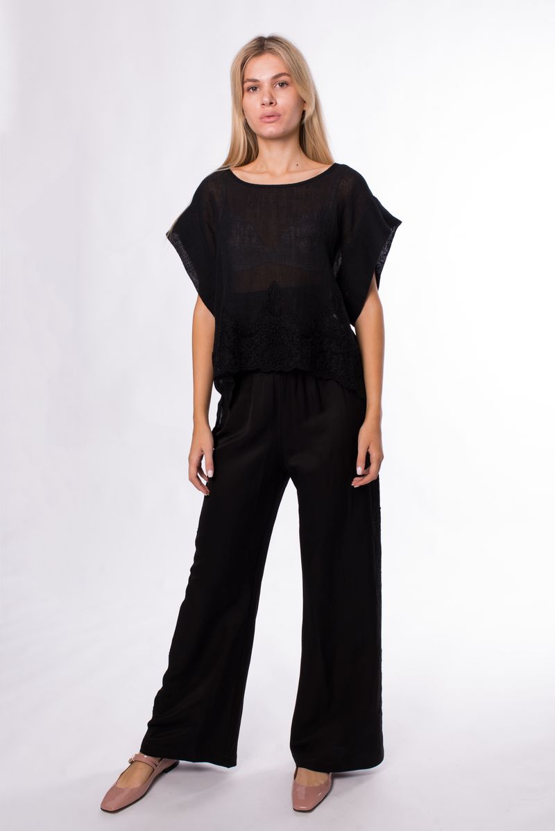 Брюки черные широкий пояс кружевные нашивки  SS25 MAURIZIO W01261779/21