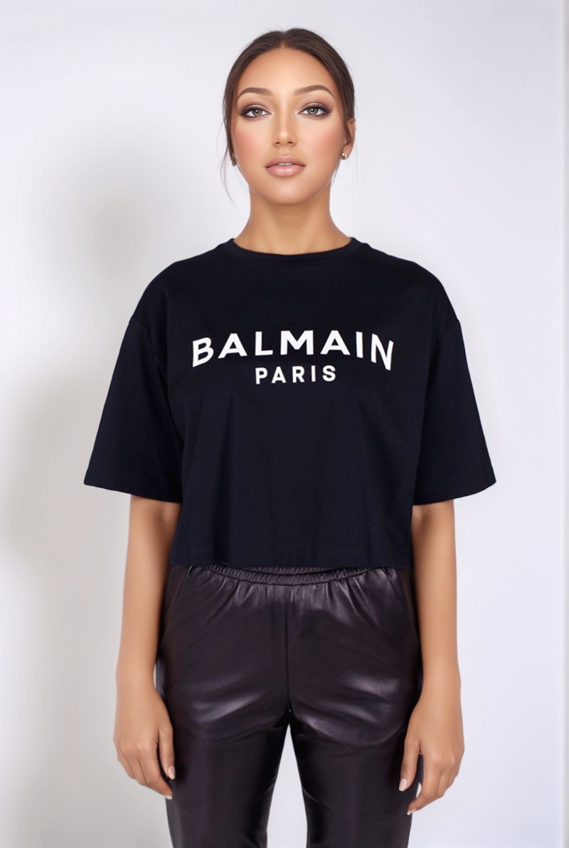 Хлопковая футболка черная укороченная SS23 Balmain AF0EE020 BB02 EAB